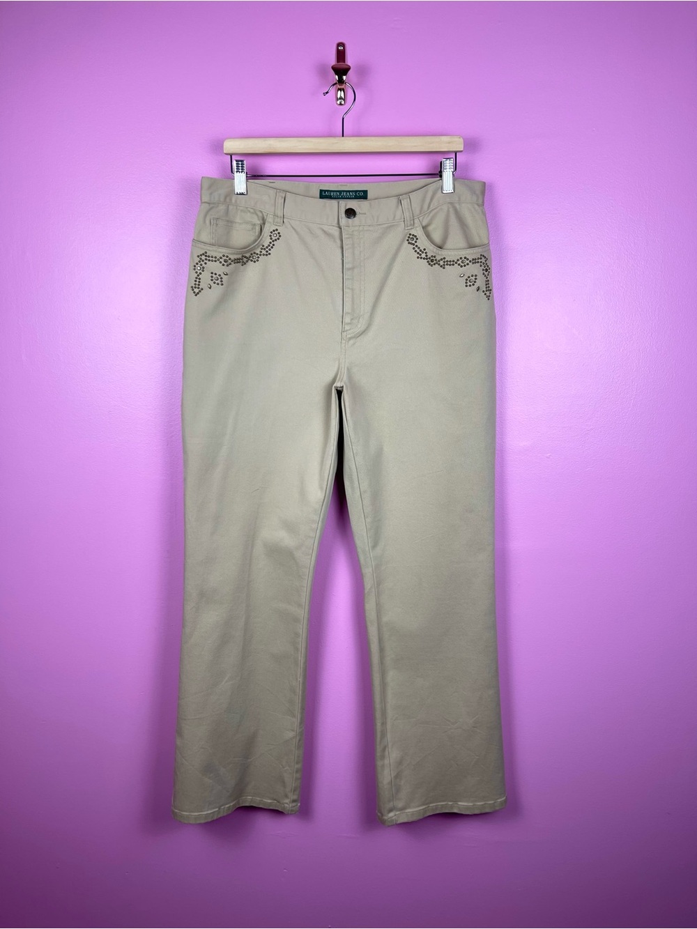 Lauren Jeans Co Ralph Lauren Bootcut Pants 14 Khaki Floral Studs - Picture 2 of 9